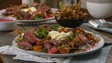 Herbed steak and mozzarella salad with crispy lime & black pepper waffers