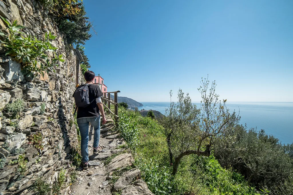 hiker walking narrow path