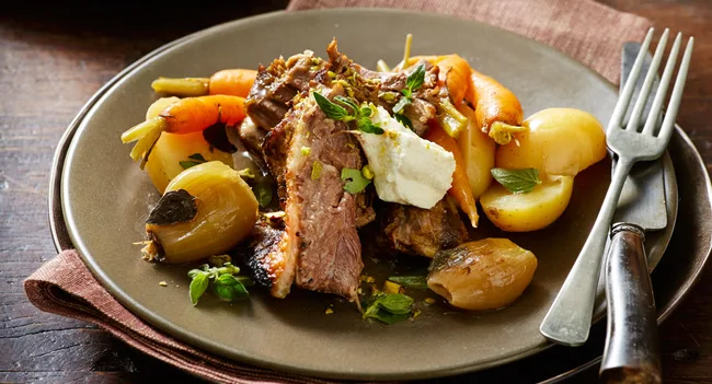 greek style slow cooked lamb with onions and potato