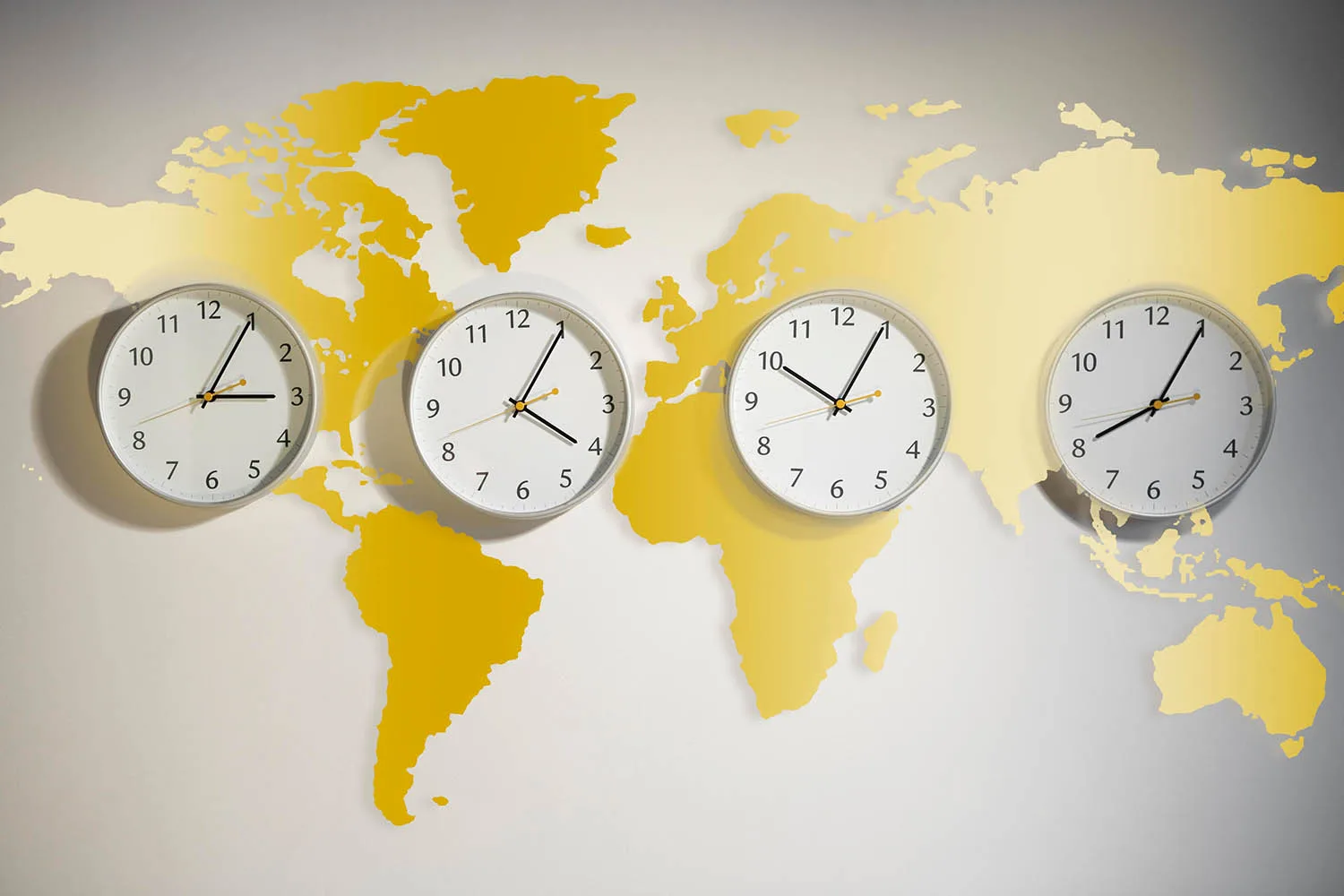 four clocks showing world times