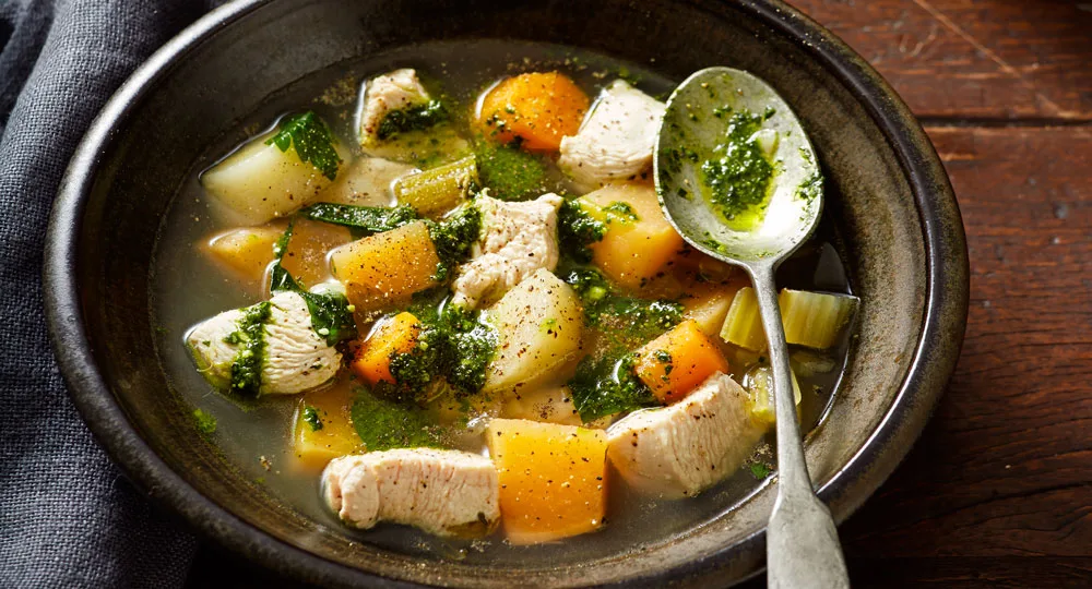 Chicken and vegetable soup with spinach pesto