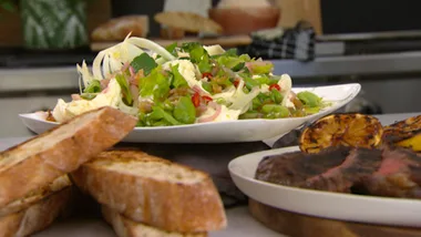 MOZZARELLA DI BUFALA WITH MINT, CHILLI, BROAD BEANS AND SHAVED FENNEL SALAD