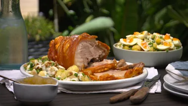 Roast pork shoulder with apple compote & kipfler potato salad