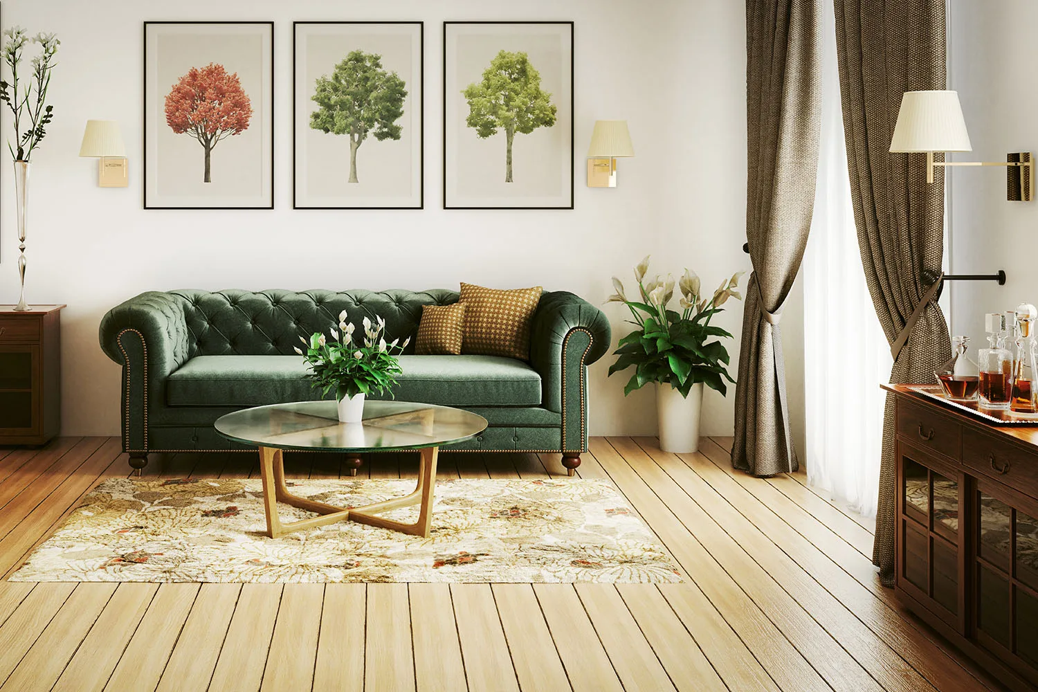 plush living room with velvet couch and wool curtains