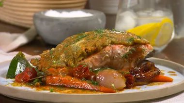 Almond & thyme encrusted salmon tray bake