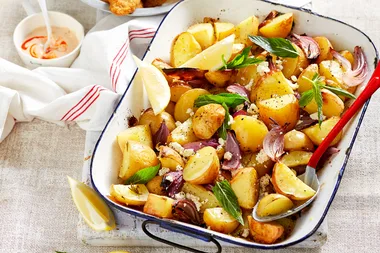 Mint, lemon and feta roast potatoes