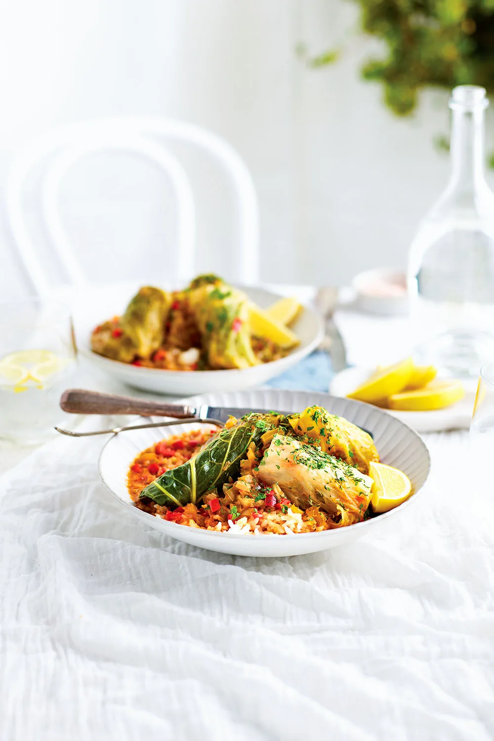 cabbage rolls in red capsicum sauce with wedge of lemon