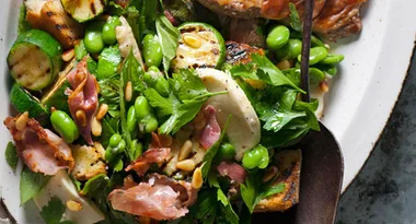 Broad bean, prosciutto and mozzarella salad