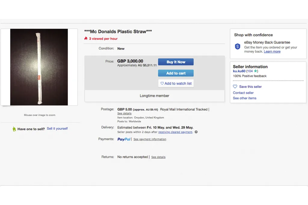 McDonald's plastic straw listing on eBay