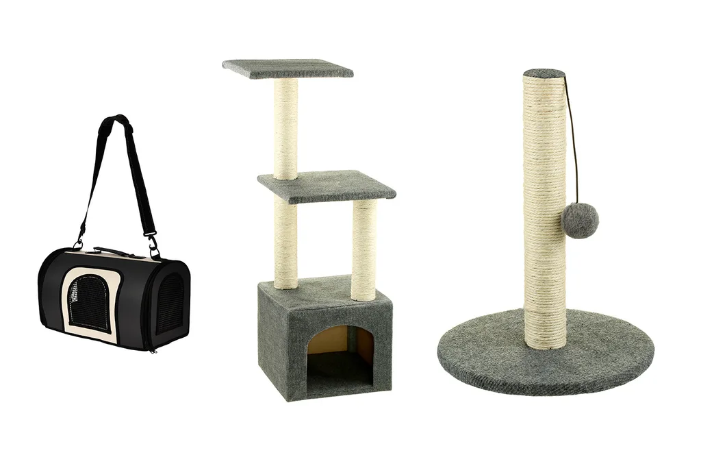 pet carrier and cat scratching posts