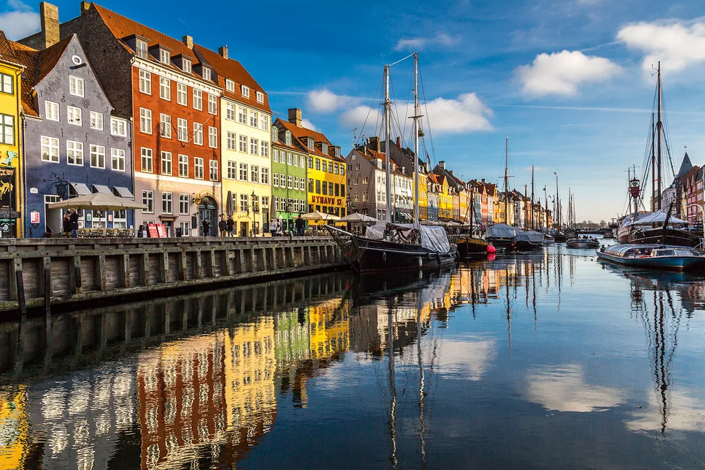 Copenhagen, Denmark, river, canal, colourful houses, ships