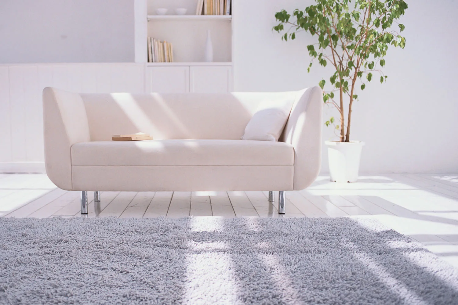 white couch white room grey rug