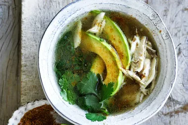 Mexican chicken broth with avocado