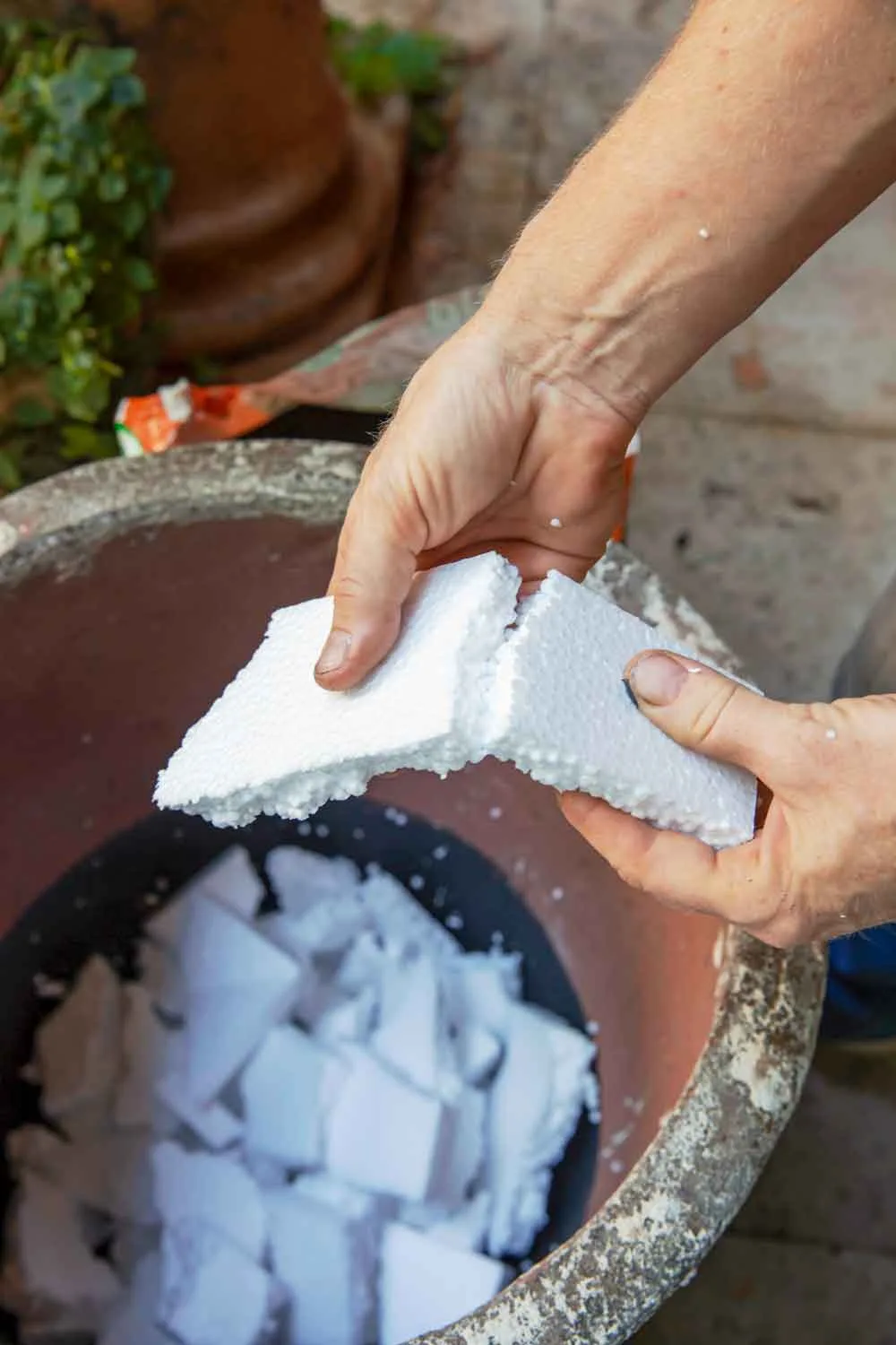 Put polystyrene in pot