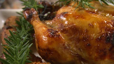 Maple-roasted chicken with hasselback sweet potatoes