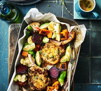 Sticky orange pork with roast veggies