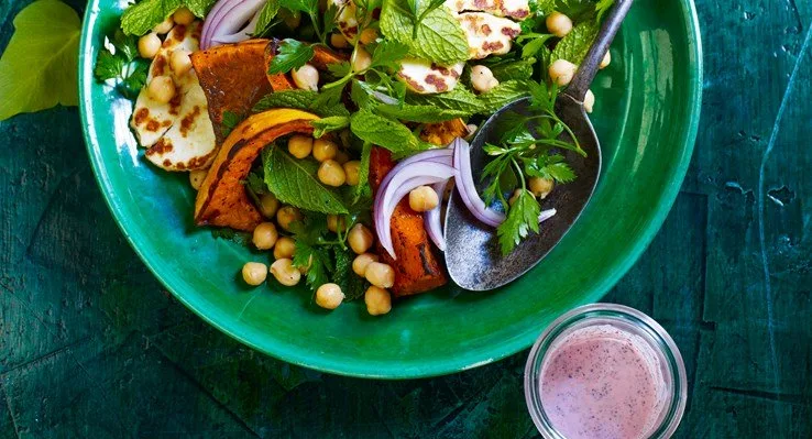 Haloumi with roast chickpeas, pumpkin and middle eastern dressing