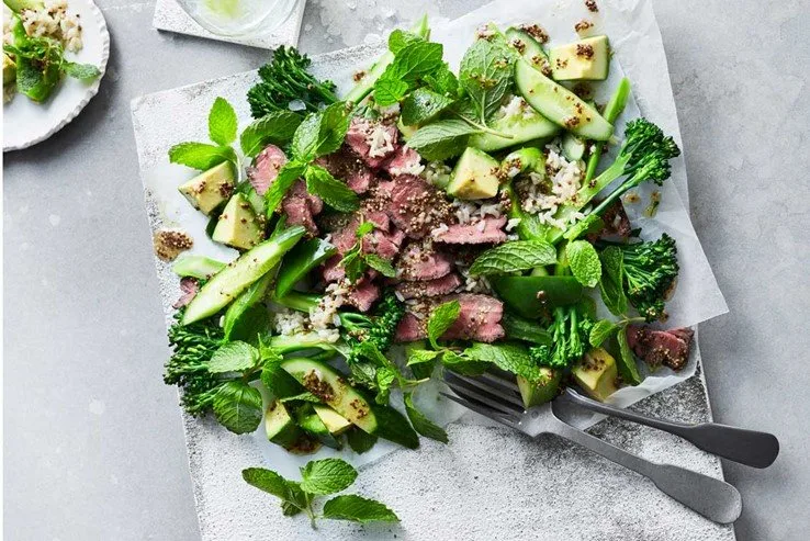 Cucumber, broccolini and beef rice salad