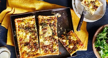 Caramelised onion, kale and ricotta tart