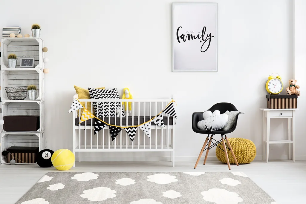 baby room in yellow grey and white