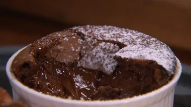 Make-ahead chocolate souffle with cinnamon crunch palmiers