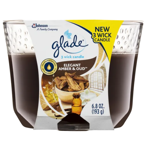 Glade 3 Wick Candle in Sheer Vanilla Embrace or Elegant Amber & Oud