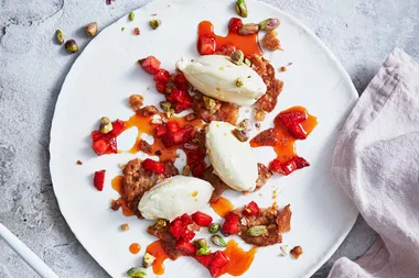 Vanilla brie mousse with twice-cooked strawberries and pistachios