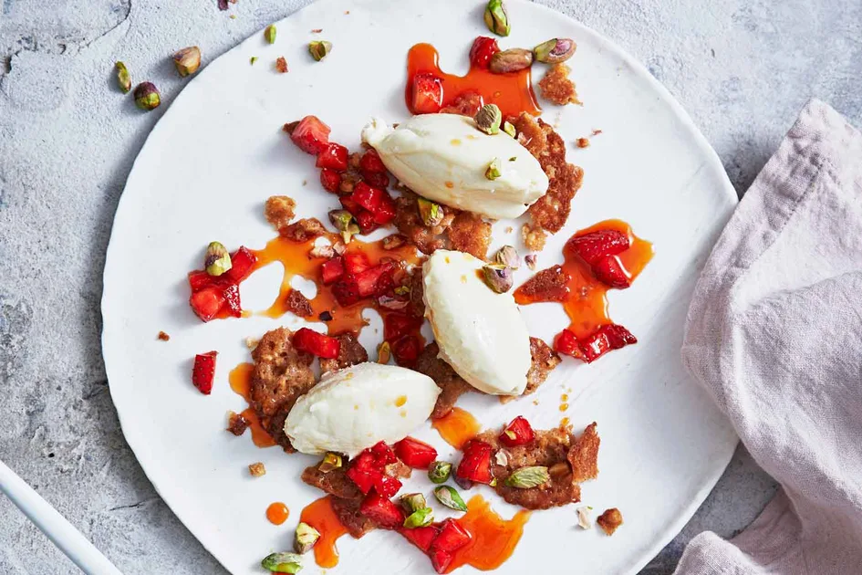 Vanilla brie mousse with twice-cooked strawberries and pistachios Recipe | Better Homes & Gardens Au