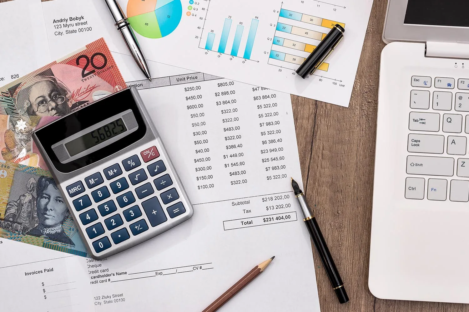 calculator, finance documents, money