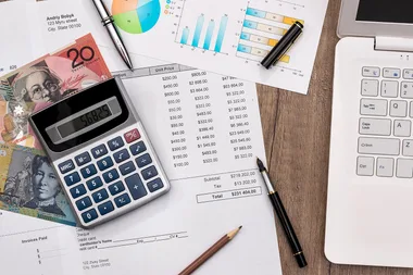 calculator, finance documents, money
