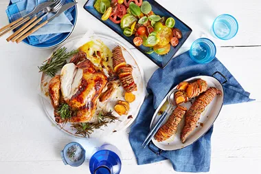 Maple-roasted chicken with hasselback sweet potatoes