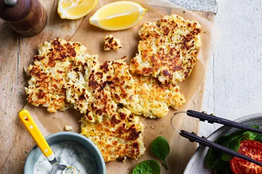 Cauliflower and parmesan fritters with roasted tomatoes