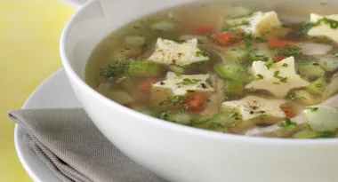 Chicken and vegetable soup with herb egg custard