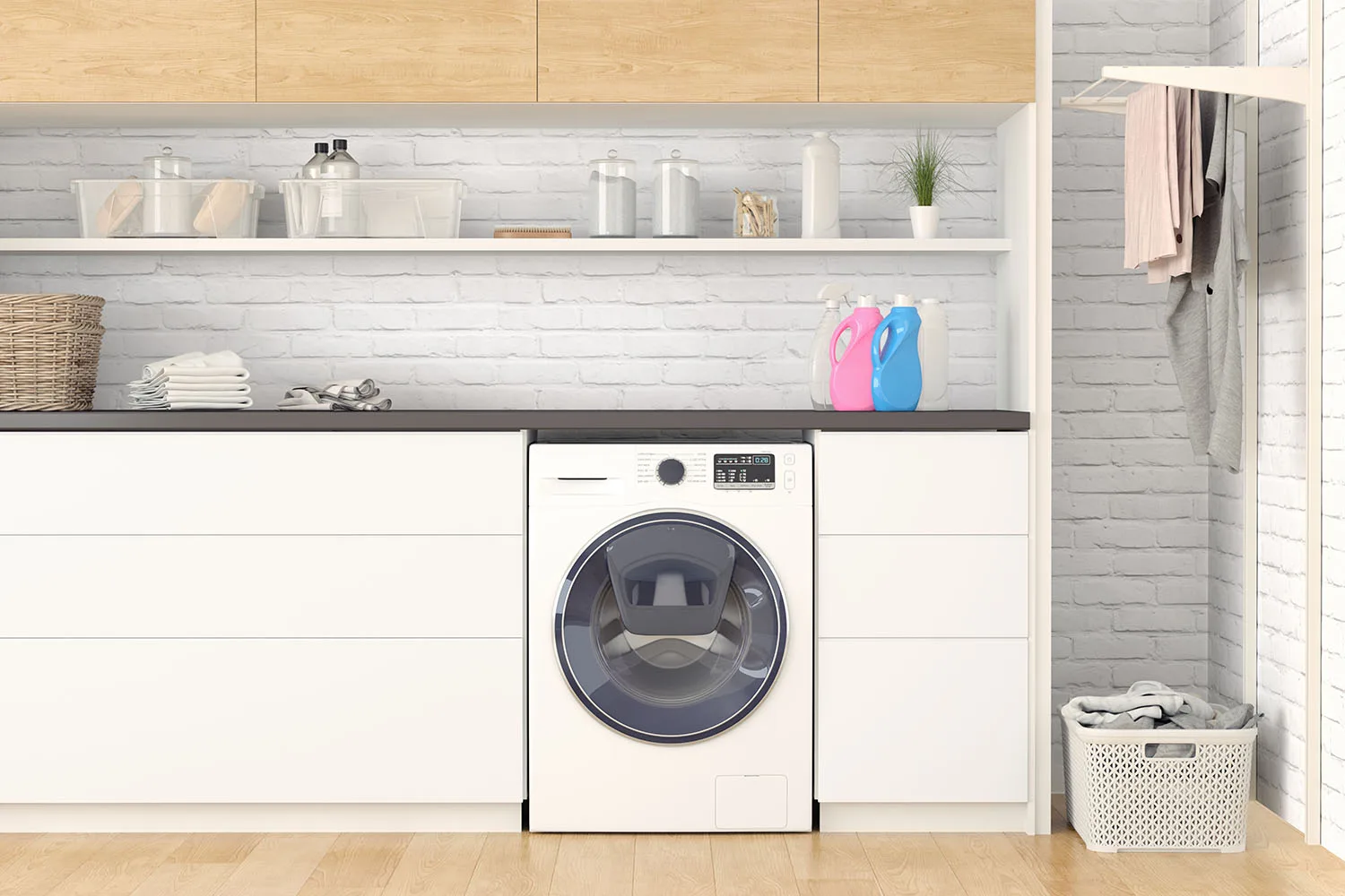 white laundry with timber floor