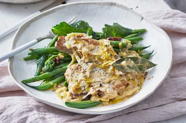 Smothered pork chops with flash-fried beans and olives