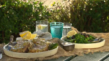 SMOTHERED PORK CHOPS WITH FLASH-FRIED BEANS AND OLIVES