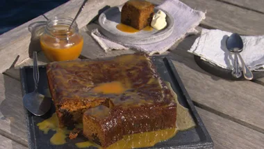 Sticky prune and molasses pudding with orange butterscotch sauce