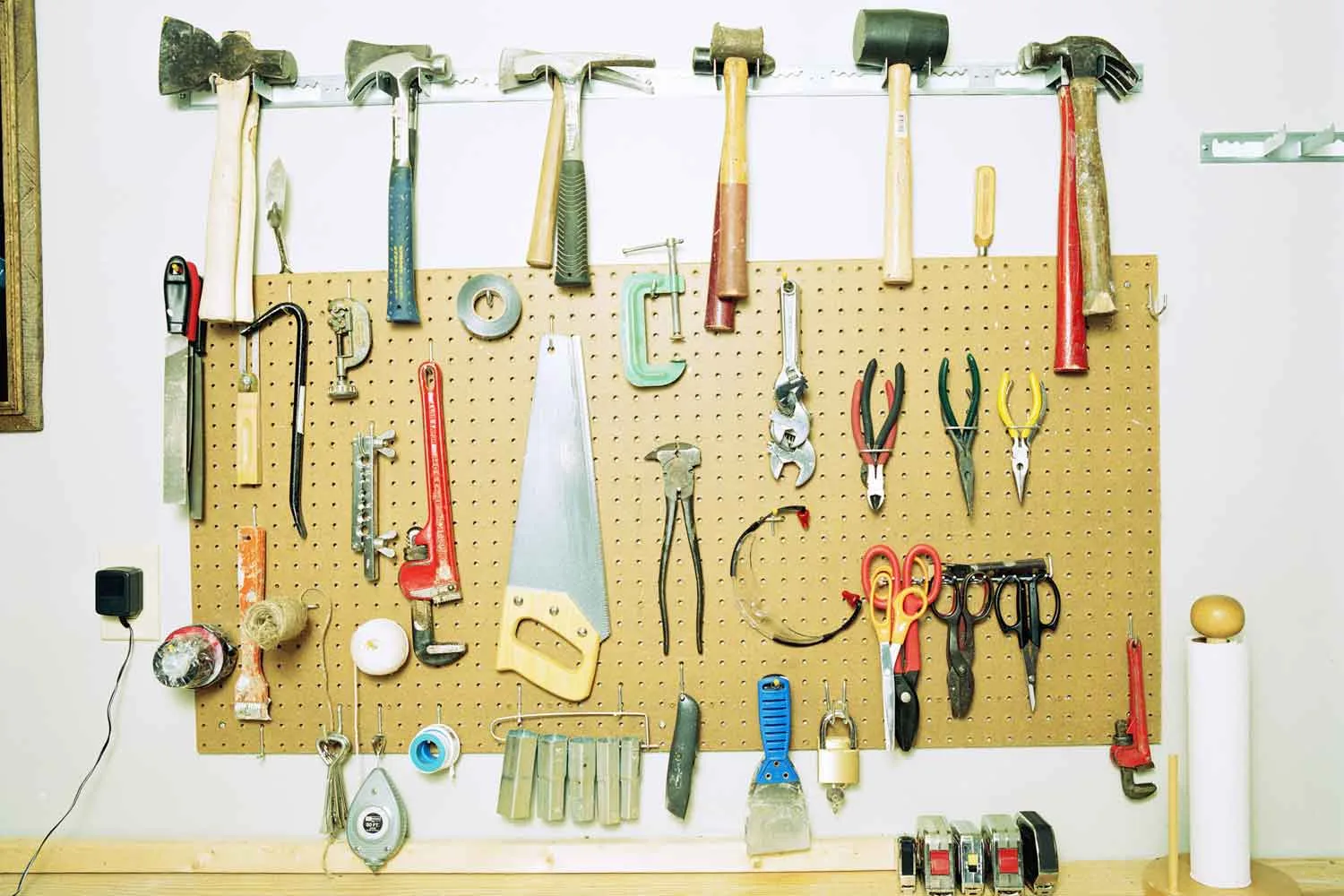 Workshop pegboard with tools
