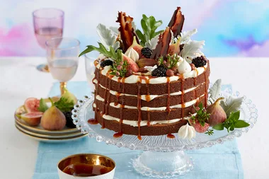 Caramel mud cake with figs, hazelnut and toffee