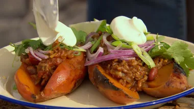 Coal roasted sweet potatoes with beef chilli & sour cream