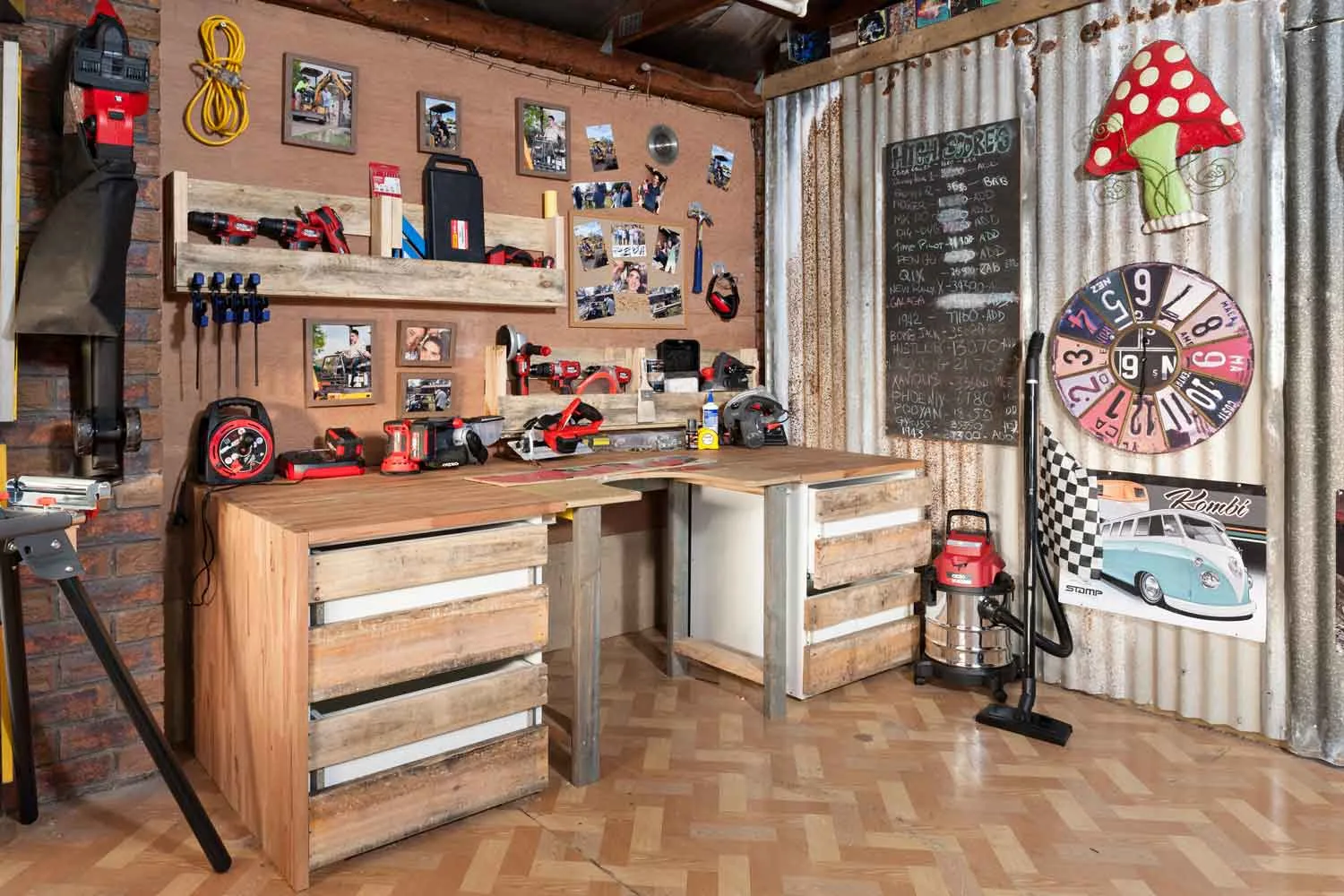 Man cave with custom workbench