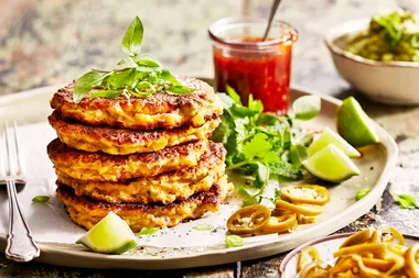 Karen’s corn cakes with chilli jam, smashed avo and pickled jalapeno