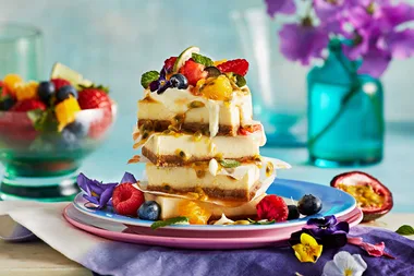 Fruit salad cheesecake slice