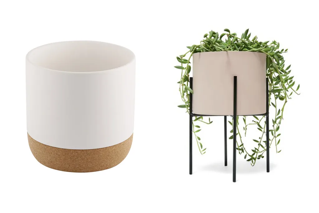 Cork trim pot, $7 and Metal pot with stand, $7.