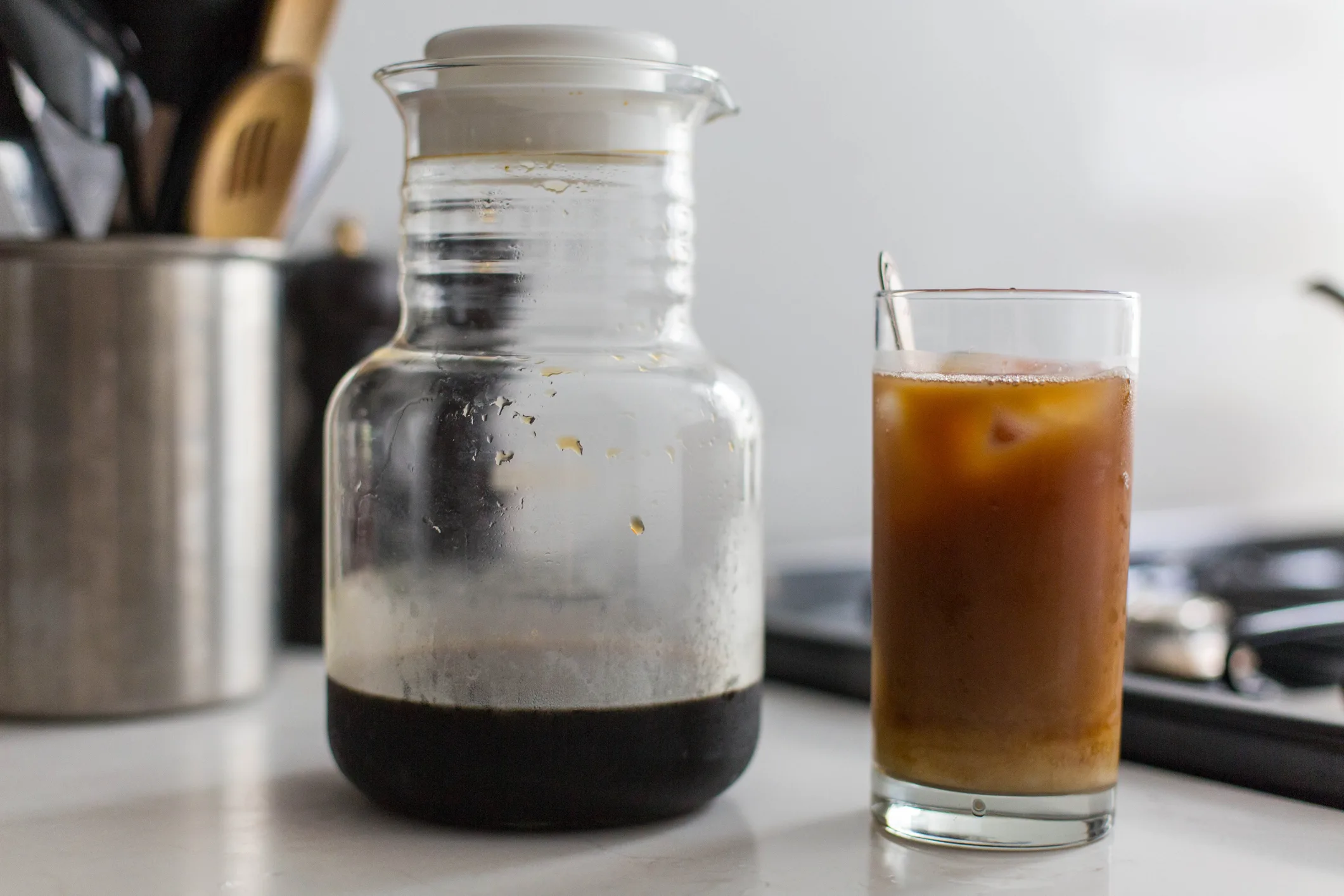 Coffee with almond milk on ice