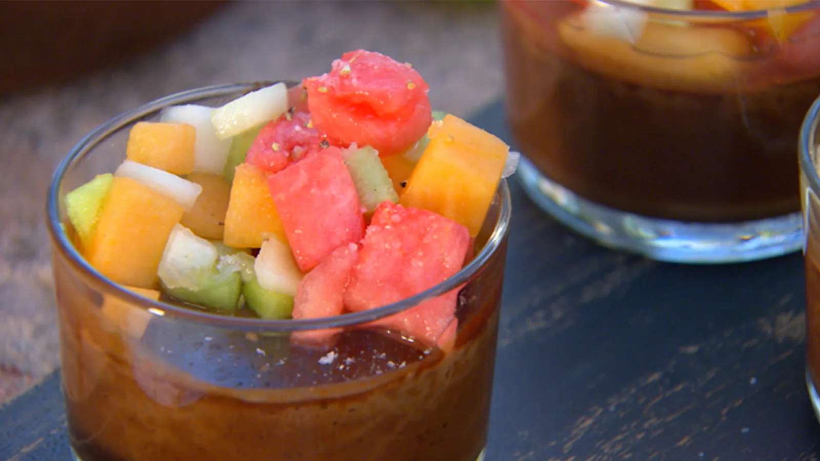 Chocolate Macadamia Silk Custard And Melon Salad