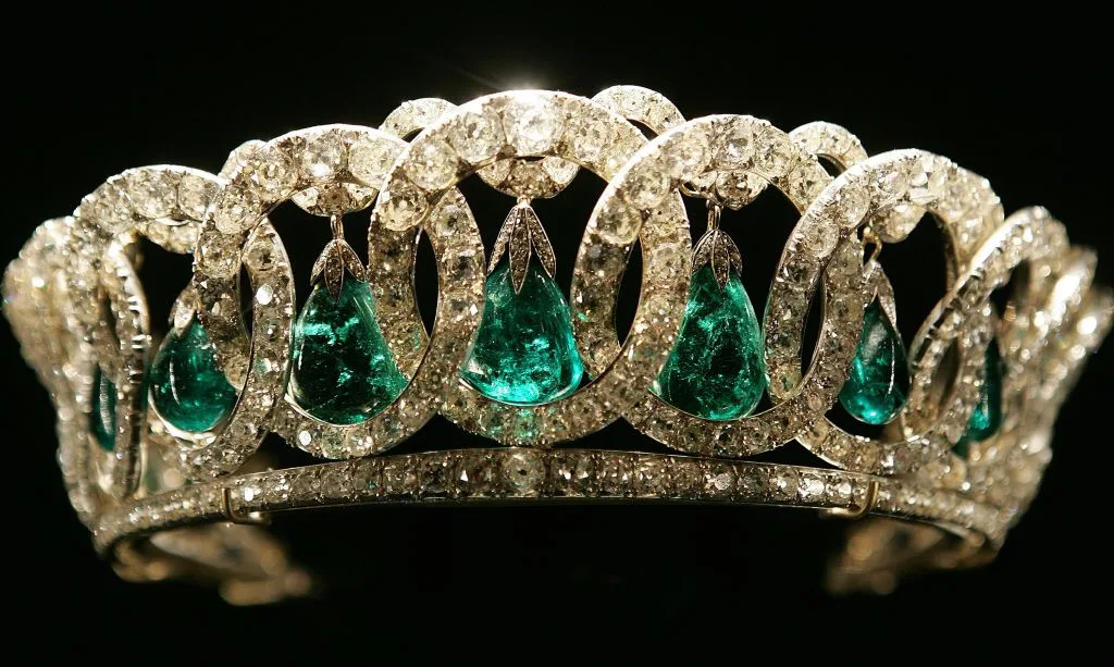 Queen Elizabeth II's Vladimir Tiara with emeralds on display at Buckingham Palace.