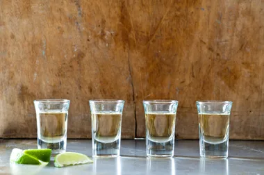 A row of tequila shots against a wooden backdrop