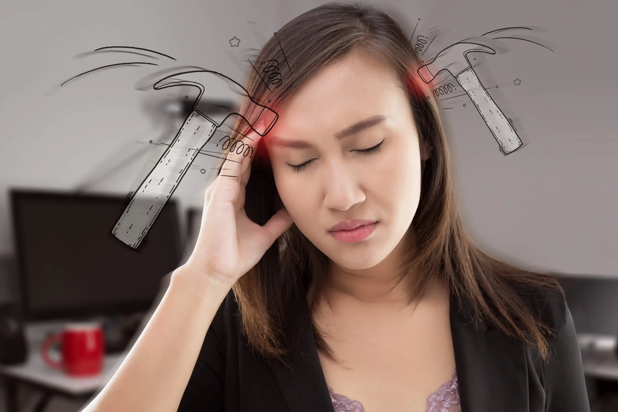 A woman with a migraine, with hammers drawn hitting her head