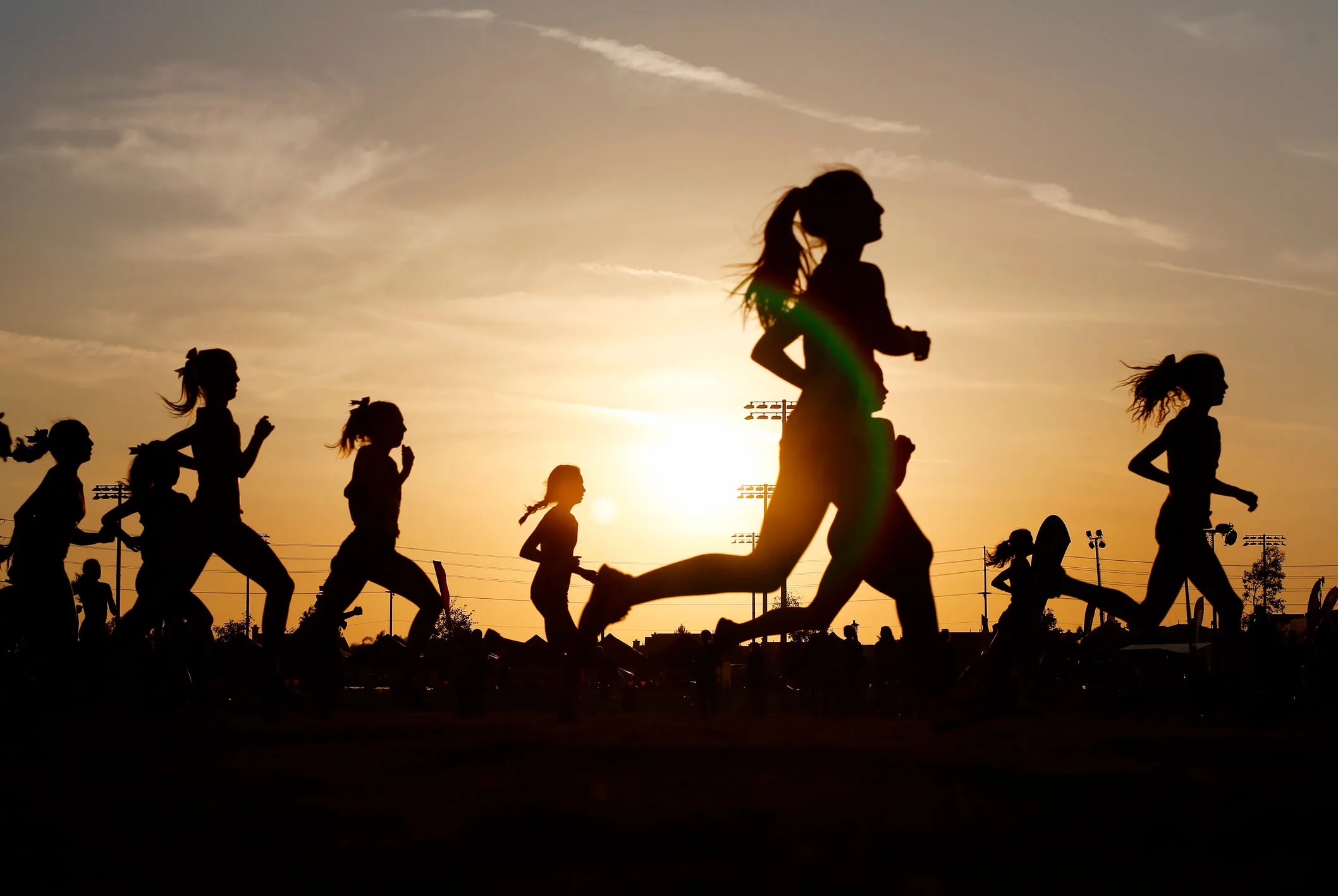 Marathon runners at sunset